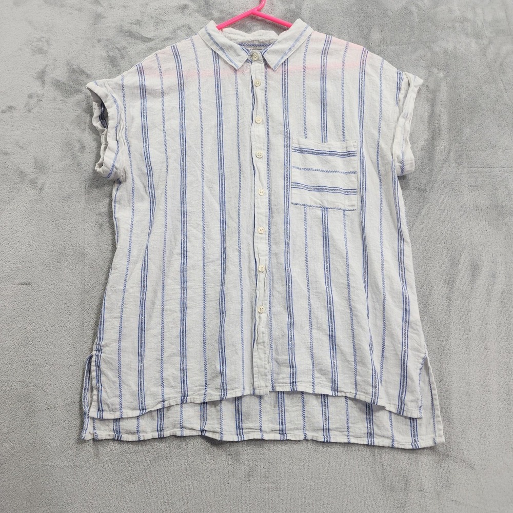 Per Se Shirt Womens L White Blue Silver Striped Button Up Cap Sleeve Linen Blend